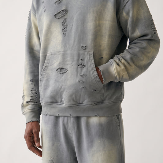 Set 6/20 AM VISION en algodón pesado con lavado industrial gris y manchas amarillas, streetwear de lujo hecho en Colombia