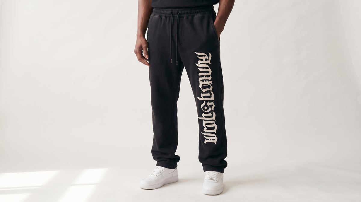Sudadera negra lavada Gothic Letter de pierna recta con pretina y cordón, AM VISION
